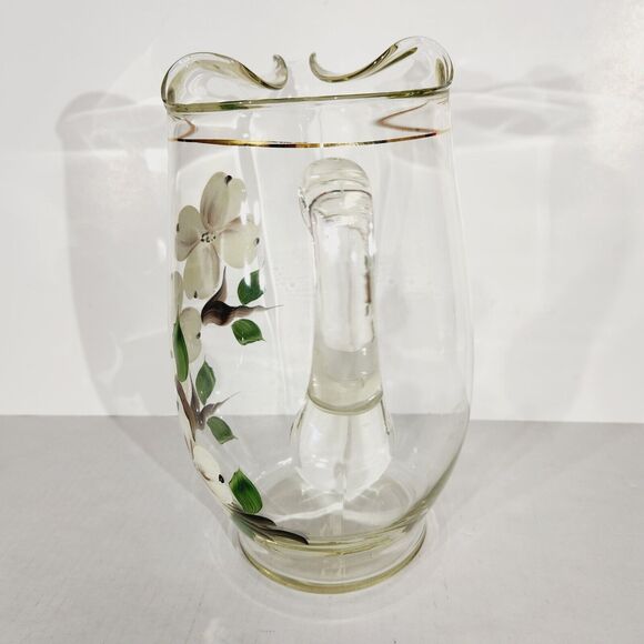 Vtg Art Glass Pitcher Hand Painted Floral Flowers White Brown MCM 9in - Picture 3 of 12